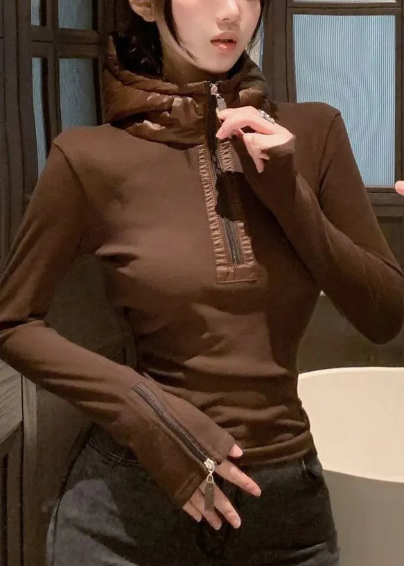 Coffee Zippered Patchwork Cotton Winter Shirt Hooded