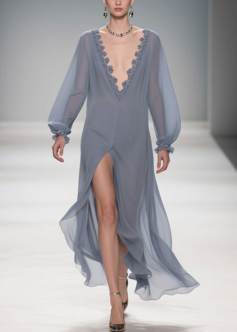 Original Design Blue Lace Side Open Long Dress Lantern Sleeve