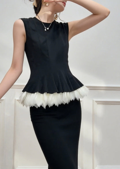 Black O-neck Patchwork Top and Maxi Skirts Two Pieces Set Summer