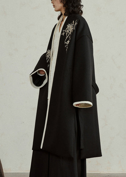 Chinese Style Black Embroidered Tie Waist Woolen Maxi Coats Fall