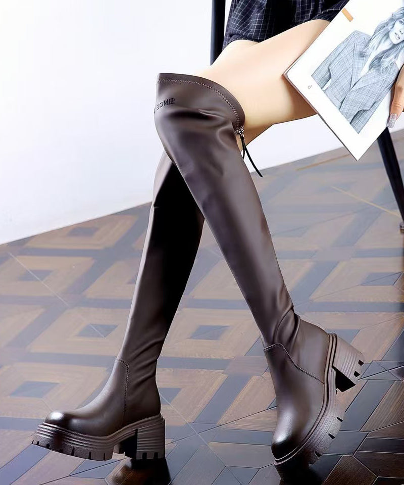 Coffee Splicing Zippered Chunky Heel Knee Boots
