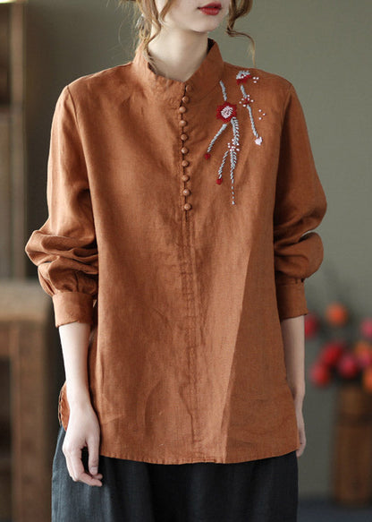 Navy Stand Collar Embroideried Button Linen Shirts Long Sleeve