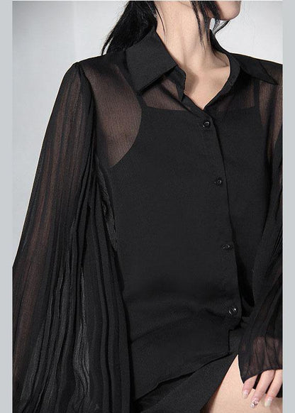 Fitted Black Peter Pan Collar Flare Sleeve Summer Shirt Top