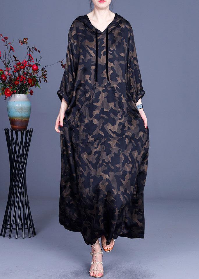 Camouflage Hooded Print Summer Silk Long Dresses