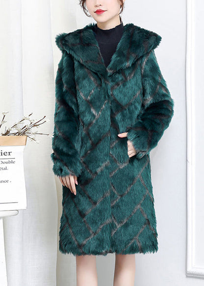 Green Hooded Plaid Faux Fur Coats Winter