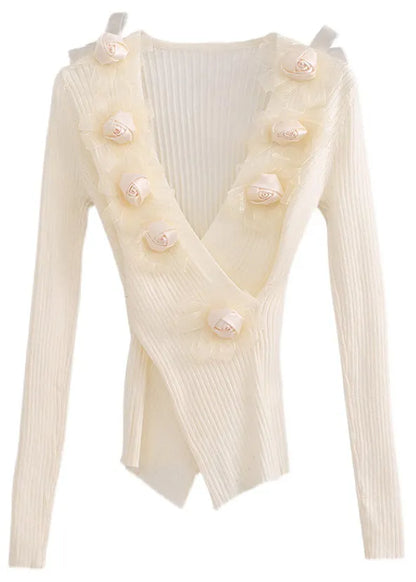 Simple Beige V Neck Knit Top Spring