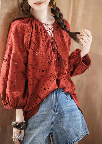 Red Tie Lace Hollow Out Tops Fall