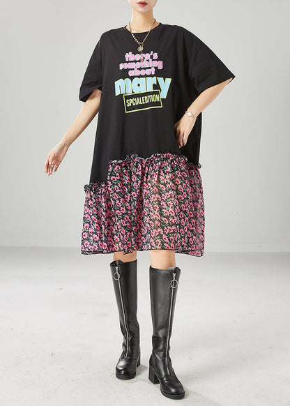 Black Ruffled Patchwork Letter Print Cotton Robe Dresses Summer