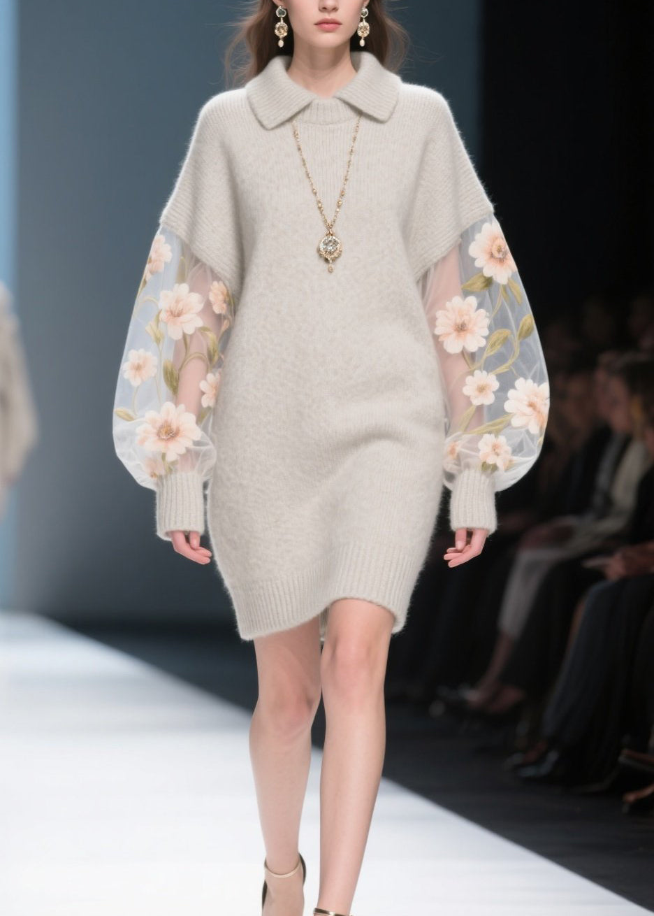 Grey Tulle Patchwork Knit Sweater Dress Winter