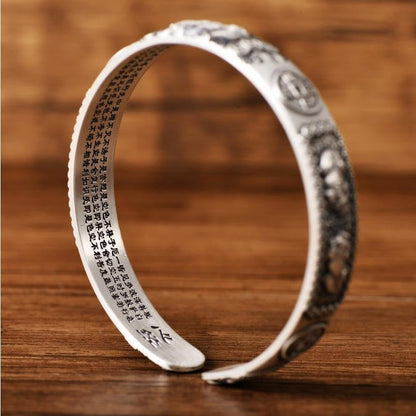 Buddha Stones Tibetan Pixiu Heart Sutra Coin White Copper Wealth Bracelet Adjustable Bangle