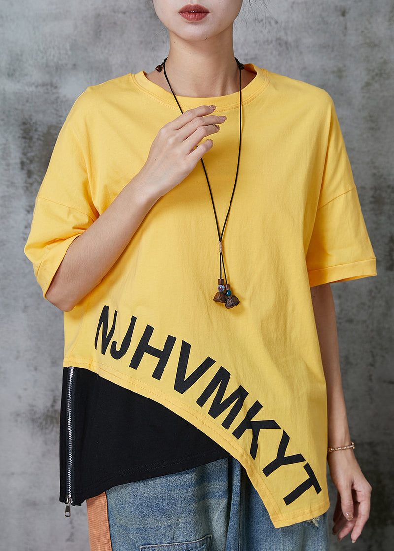 Yellow Asymmetrical Patchwork Cotton Tank Tops Summer