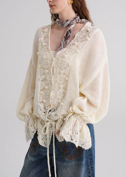 French Grey V Neck Hollow Out Button Knit Sweaters Fall