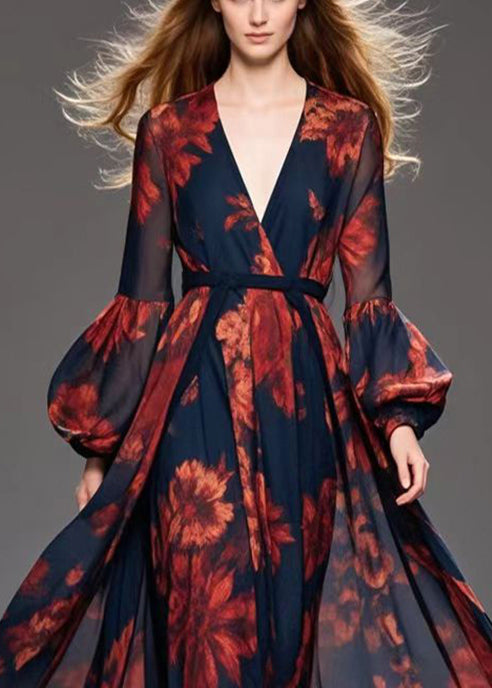 Red Print Chiffon Cinched Dress V Neck Exra Large Hem Fall