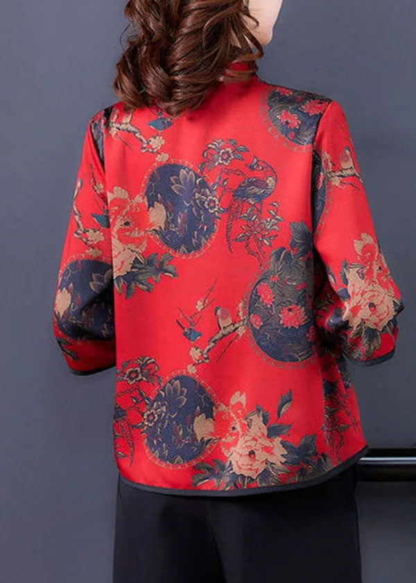 Red Mandarin Collar Button Silk Shirt Half Sleeve