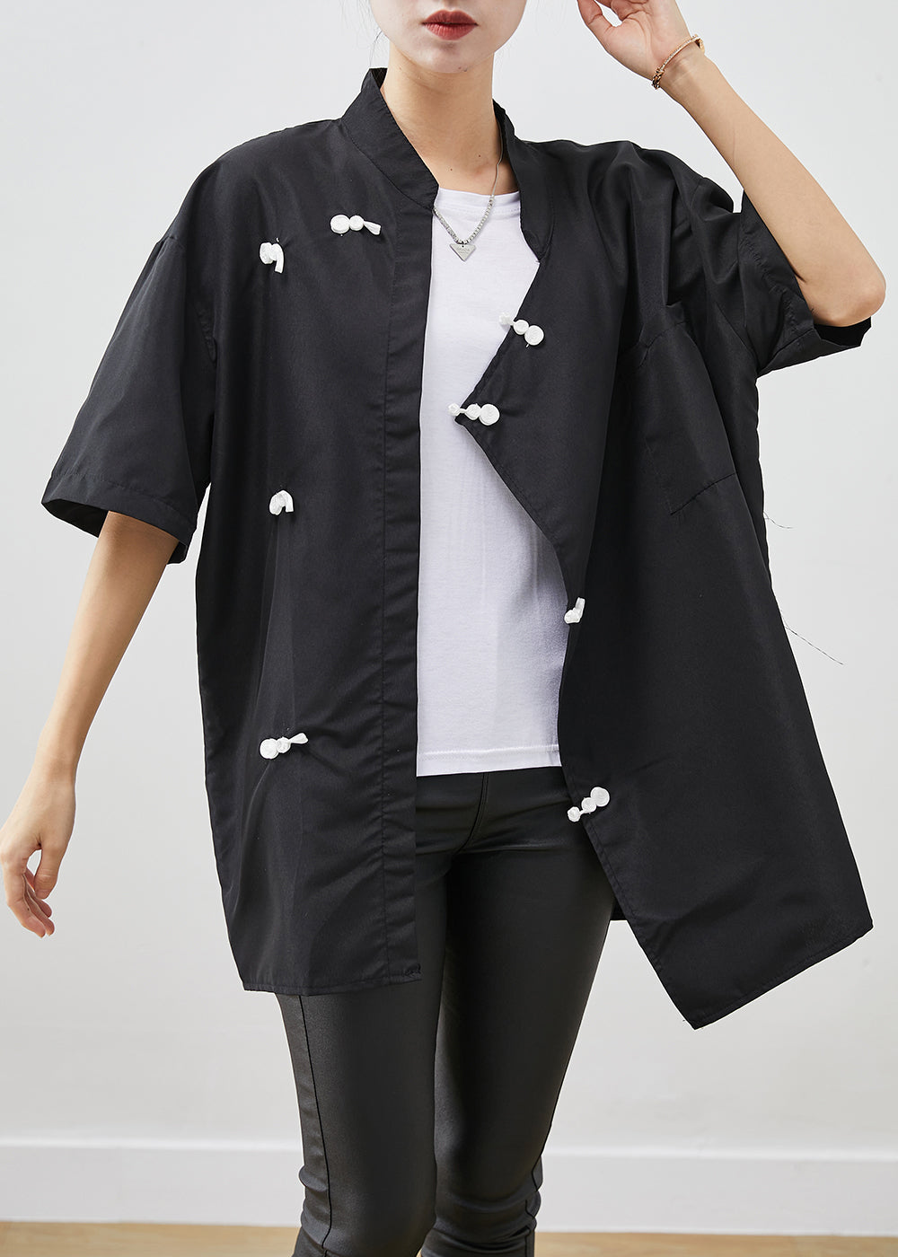Black Oversized Chinese Style Cotton Shirt Short Sleeve