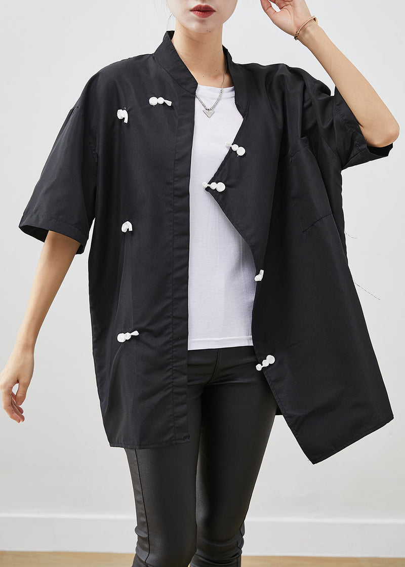 Black Oversized Chinese Style Cotton Shirt Short Sleeve