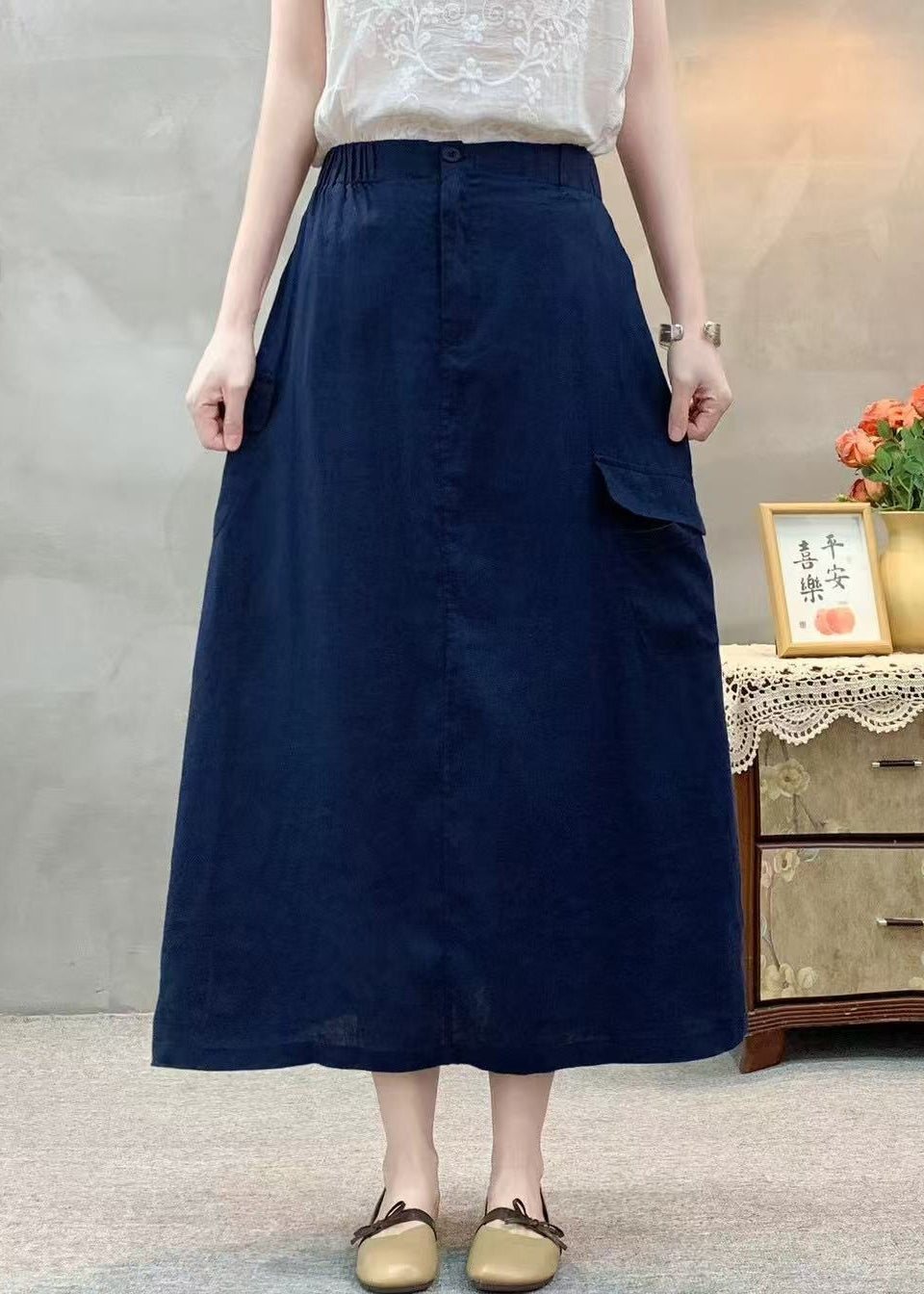 White Pockets Side Open Elastic Waist Cotton Skirts Summer