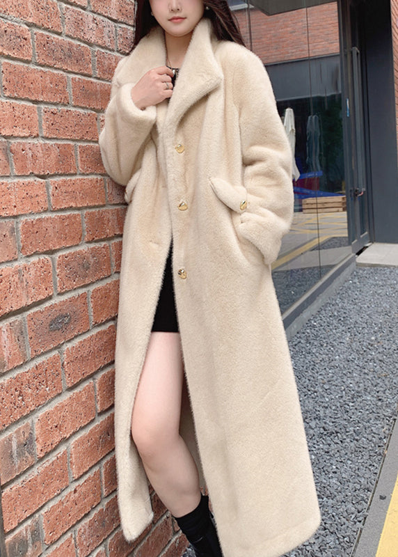 Beige Notched Button Thick Leather and Fur Long Coats Winter