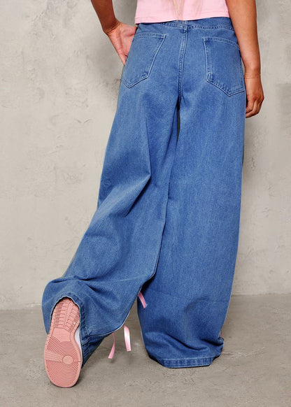 Blue Pockets Patchwork Bow Wide Leg Jeans