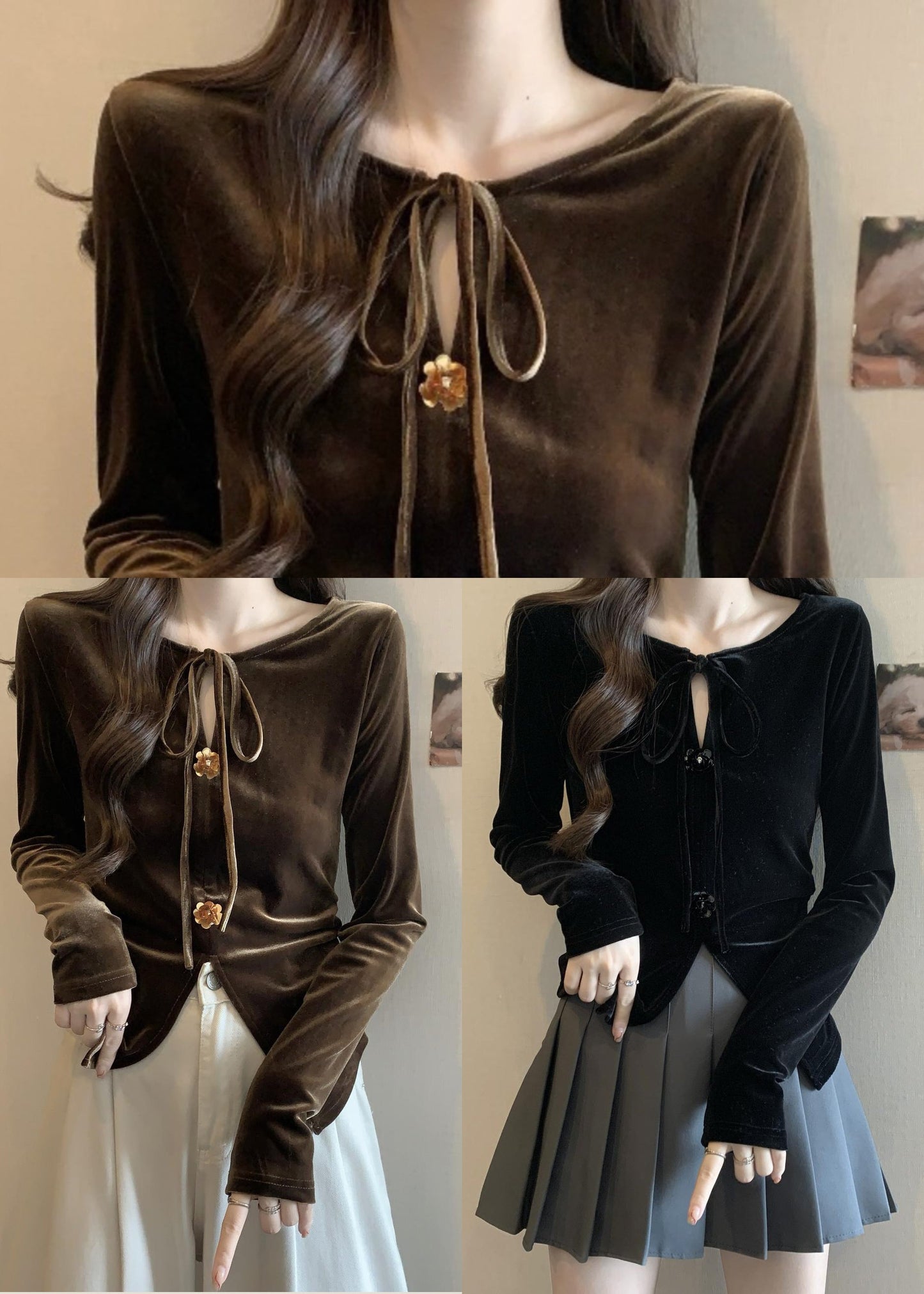 Black Side Open Flower Decorated Silk Velour Shirts Fall