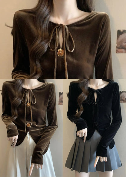 Brown Silm Fit Silk Velour Blouse Tops Side Open Lace Up Fall