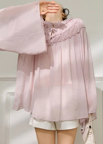 Pink Ruffled Wrinkled Chiffon Tops Batwing Sleeve