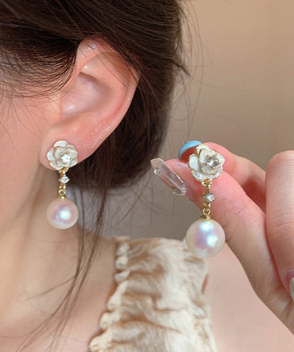 White Copper Alloy Pearl Camellia Drop Earrings