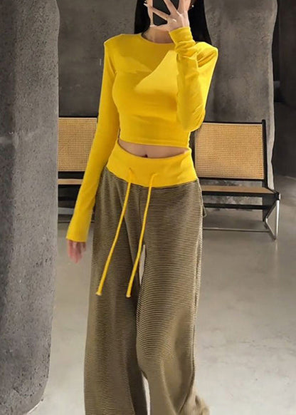 Slim Fit Yellow O Neck T Shirts and Striped Elastic Waist Pants Cotton Two Pieces Set Fall