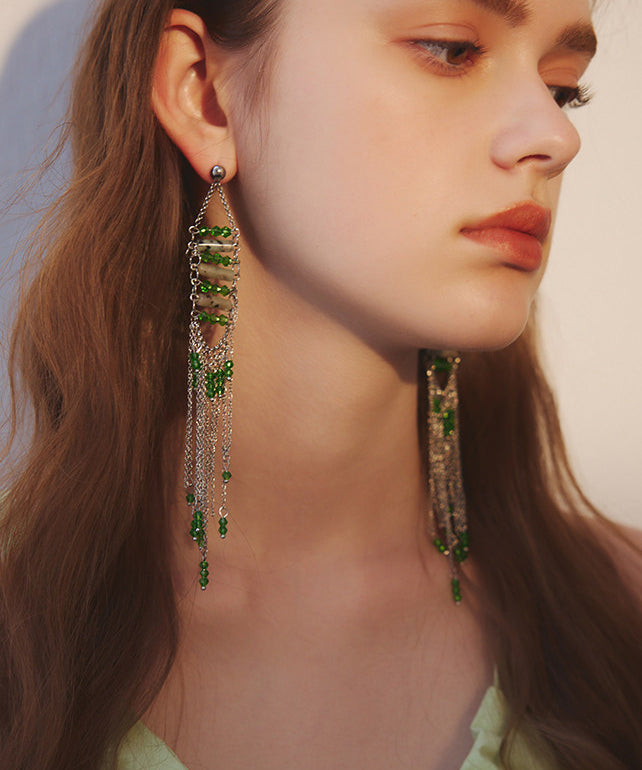 Stylish Green Gem Stone Tassels Exaggeration Silver Plated Drop Earrings