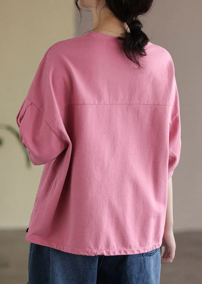 Vogue Pink O-neck Embroideried T Shirt Half Sleeve
