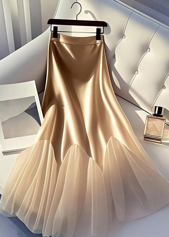 Italian Champagne Tulle Patchwork Silk a Line Skirt Summer