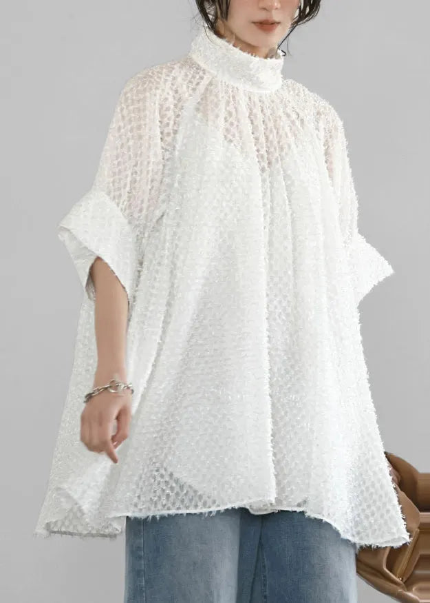 White Hollow Out Tulle a Line Tops Stand Collar Summer