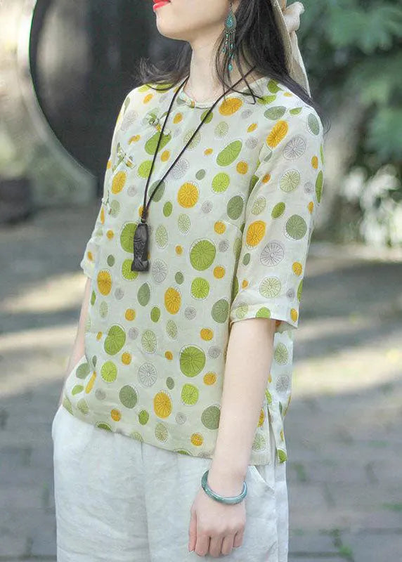 Green Button O-neck Dot Print Tops Half Sleeve