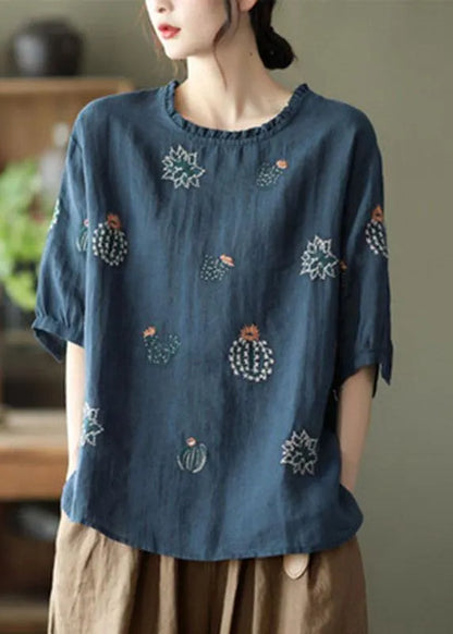 White O-neck Embroideried Summer Ramie Blouse Half Sleeve