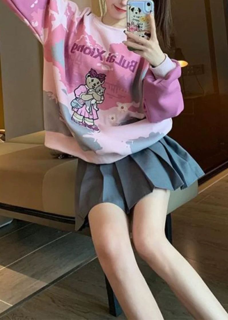 Pink O Neck Embroidered Tie Dye Cotton Pullover Spring