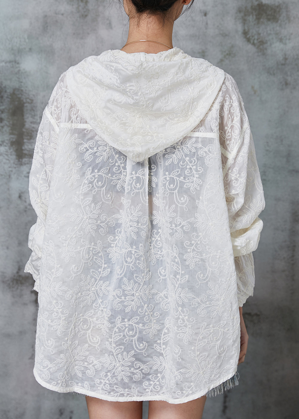 Stylish Beige Embroidered Lace Upf 50+ Coat Jacket Spring