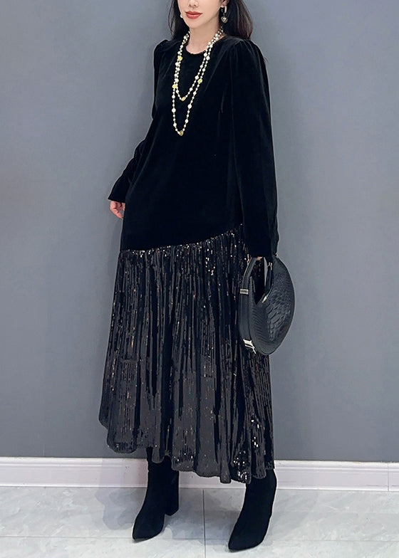 Black Wrinkled Patchwork Silk Velour Dresses O Neck Spring