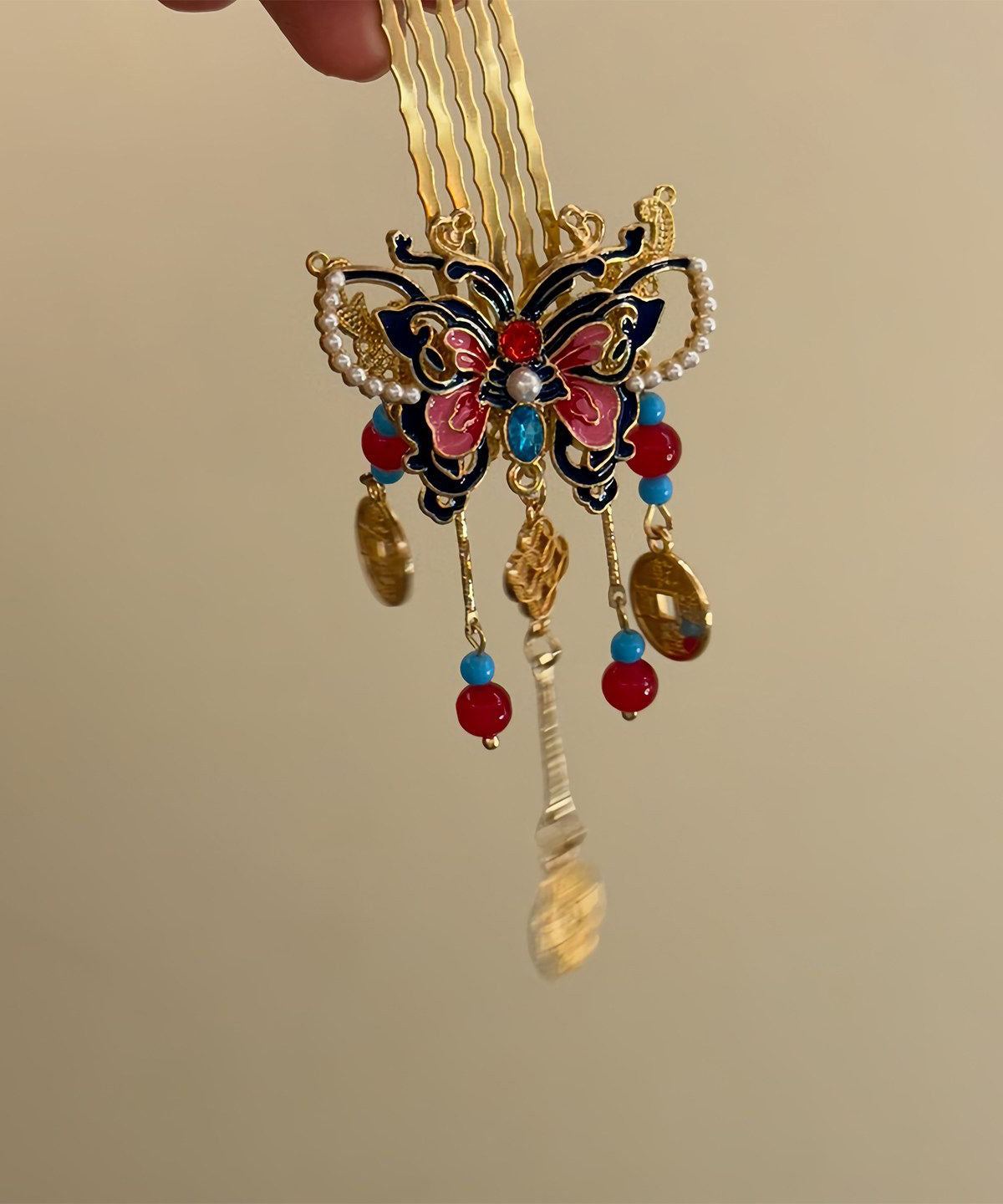 Red Copper Alloy Butterfly Tassel Single Hairpin