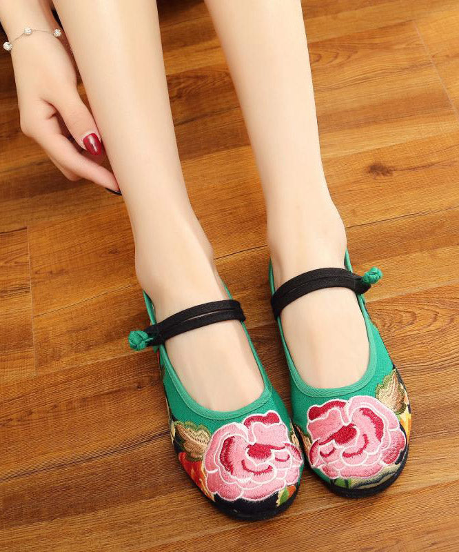 Green Flat Shoes Embroideried Comfy Cotton Fabric Buckle Strap Flat Shoes for