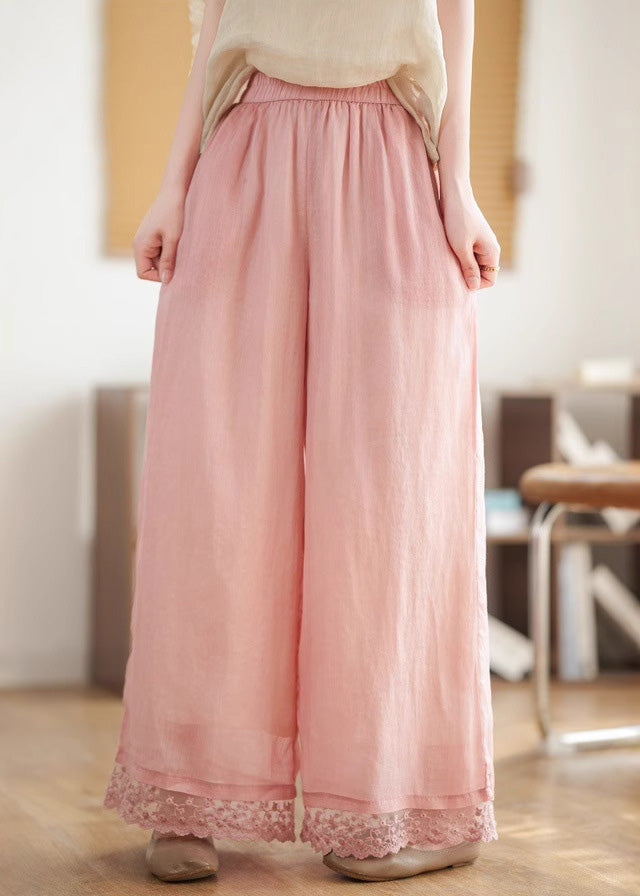 New Black Lace Patchwork Elastic Waist Linen Wide Leg Pants Summer