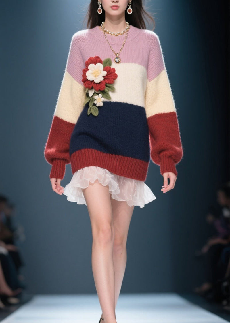Colorblock O Neck Tulle Patchwork Knit Sweater Dress Fall