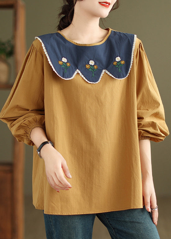 Yellow Lace Cotton T Shirt O Neck Long Sleeve