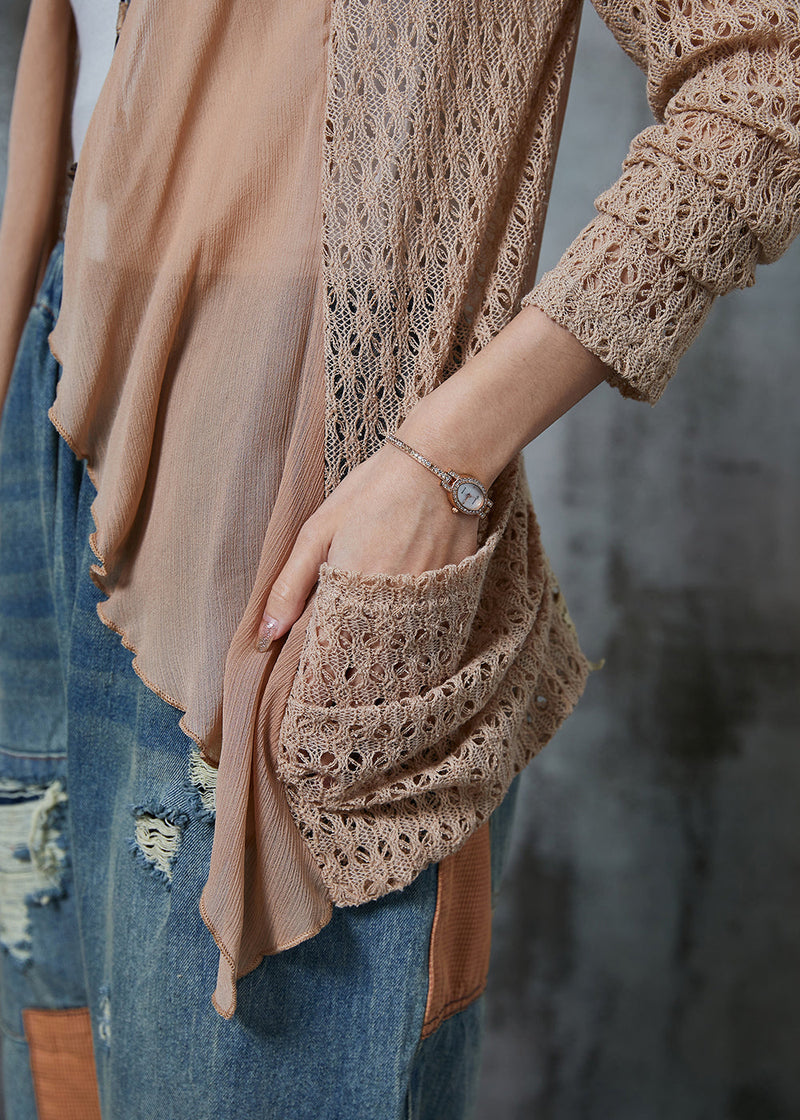 Khaki Hollow Out Patchwork Knit Cardigan Summer