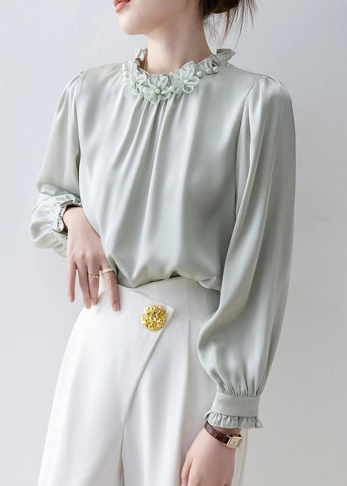 Unique Light Blue Ruffled Chiffon Shirts Spring