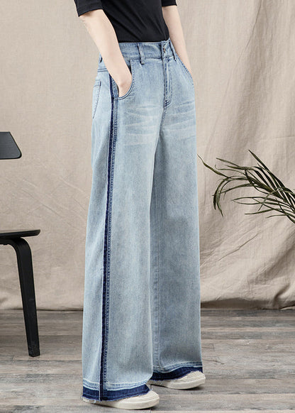 Blue Pockets Patchwork Denim Wide Leg Pants Spring