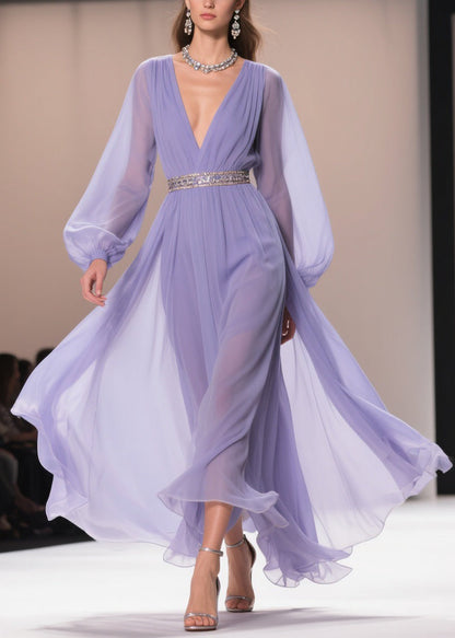 Purple V Neck Wrinkled Chiffon Exra Large Hem Dresses Spring