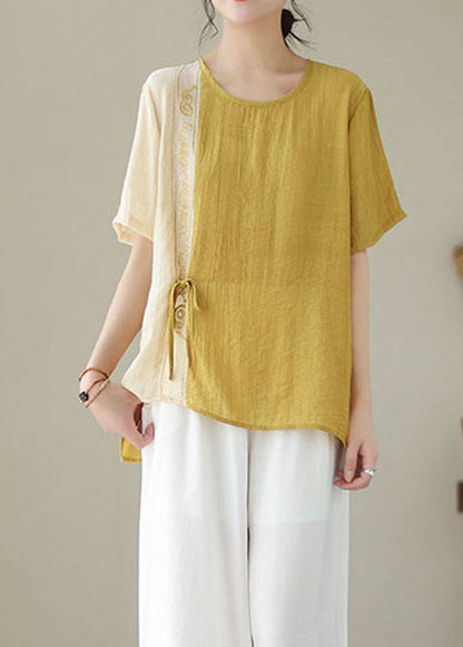 Yellow Embroideried Patchwork Cotton Shirt Top Summer