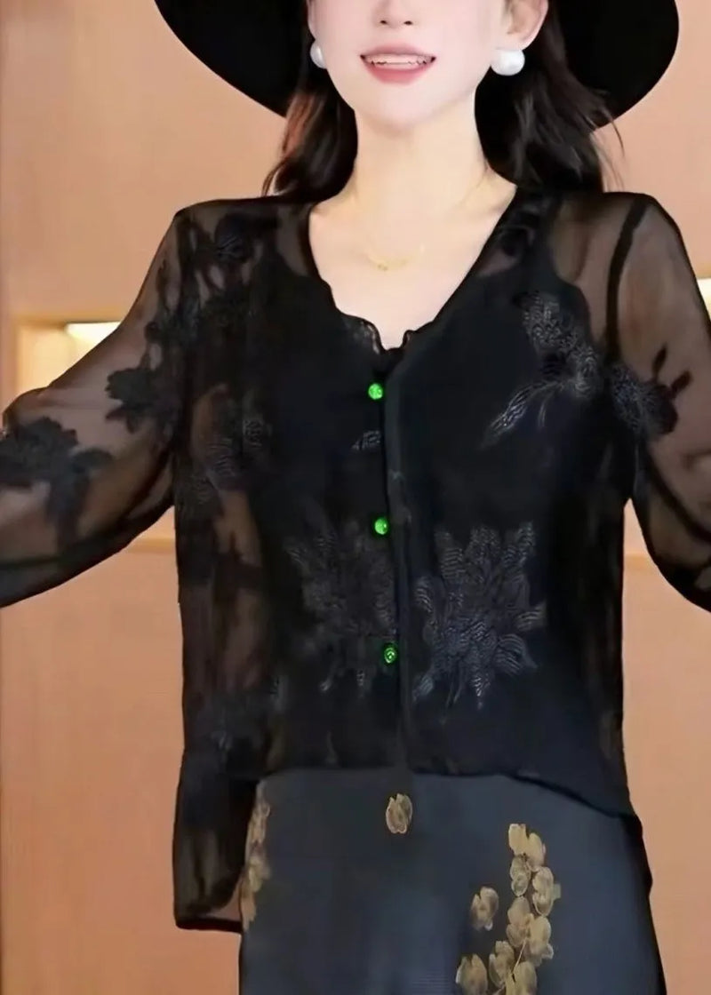 Black V Neck Jacquard Chiffon Top Fall