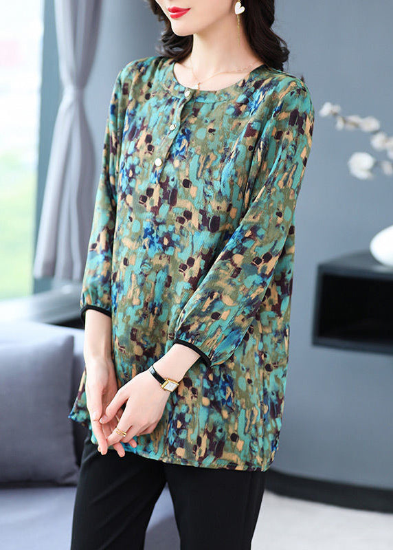 Green O Neck Print Patchwork Cotton Top Fall