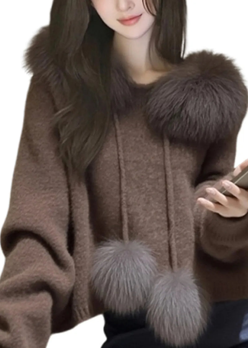 Modern Brown Hooded Patchwork Faux Fur Knit Sweater Tops Spring
